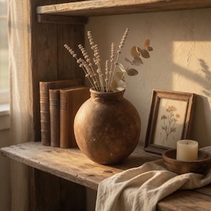 May include: A rustic wooden shelf displays a brown vase with dried flowers, vintage books, a framed botanical print, a wooden bowl with a candle, and a draped linen cloth. The warm lighting highlights the textures and tones of the decor.