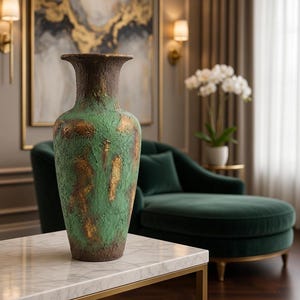 May include: A tall, textured vase featuring a mottled green and dark brown finish with metallic gold accents. The vessel has a wide, flared rim, a slender neck, and a bulbous body with a rough, uneven surface texture throughout its exterior.