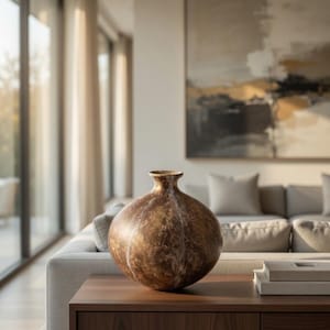 Pode incluir: Um vaso decorativo grande, redondo e castanho com uma superfície texturizada. O vaso está sobre um armário de madeira escura numa sala de estar moderna. O vaso tem um pescoço estreito e um corpo bulboso. A sala tem janelas grandes e uma paleta de cores neutras.