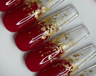 Red And Gold Nails Etsy