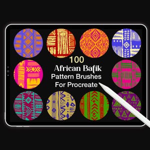 May include: A digital tablet screen displaying 100 African Batik Pattern Brushes for Procreate with white text centered on a black background. Eight circular swatches show colorful geometric patterns in shades of purple, red, orange, blue, pink, green, and yellow. A white stylus rests on the screen.