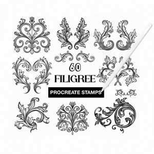 May include: A collection of black and white filigree digital stamps for Procreate, featuring 60 intricate scrollwork and floral motifs arranged in a grid. A white stylus is positioned diagonally across the right side of the image.
