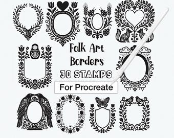 30 timbri Procreate con bordi di arte popolare: cornice scandinava (set di pennelli digitali)