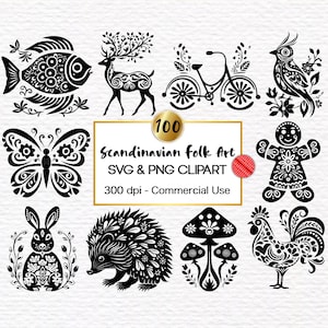 Pacchetto SVG di arte popolare scandinava - Download digitale di folklore nordico - File SVG di fiori e animali di arte popolare botanica tradizionale - Cricut SVG