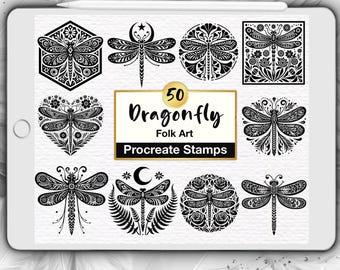 50 Dragonfly Folk Art Procreate Stamps: Floral Nordic Insects (Digital Brush Set)