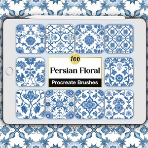 May include: A digital tablet screen displaying a collection of 100 Persian Floral Procreate Brushes. The screen features ten square tiles showcasing various blue and white intricate floral patterns, with a central label reading 100 Persian Floral Procreate Brushes.