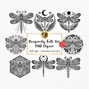 Clipart libellule art folklorique nordique insecte en téléchargement numérique Art folklorique scandinave lunatique Clip Art Bundle Silhouette imprimable noir PNG