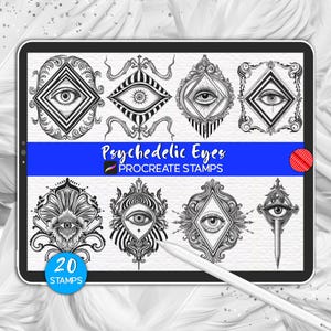 May include: A digital tablet screen displaying 20 black and white psychedelic eye illustrations with ornate frames. The text "Psychedelic Eyes" and "Procreate Stamps" is displayed on the screen. The tablet is on a white surface.