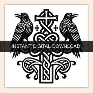 May include: A black and white graphic illustration featuring two ravens perched on a central Celtic cross with intricate knotwork patterns. A horizontal black bar across the center contains the white text INSTANT DIGITAL DOWNLOAD.