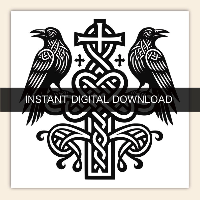 May include: A black and white graphic illustration featuring two ravens perched on a central Celtic cross with intricate knotwork patterns. A horizontal black bar across the center contains the white text INSTANT DIGITAL DOWNLOAD.