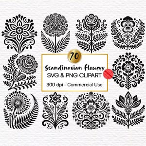 Bundle SVG fleurs art folklorique scandinave - téléchargement numérique folklore nordique - fichier SVG fleurs silhouette botanique - Cricut SVG
