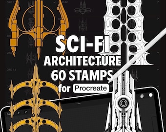 60 timbri di architettura fantascientifica per Procreate: progetti di edifici futuristici (timbri digitali a pennello)