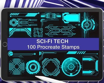 May include: A digital tablet screen displaying a collection of cyan-colored sci-fi tech graphic elements and circular interface designs. The text "SCI-FI TECH 100 Procreate Stamps" is centered on a purple horizontal bar. A white stylus rests at the bottom.