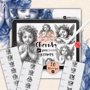 Puede incluir: Un conjunto de 30 sellos digitales con ilustraciones vintage de querubines. Los sellos están diseñados para usar con la aplicación Procreate. Los querubines se representan en varias poses, incluyendo orando, durmiendo y tocando música. Los sellos son en blanco y negro.