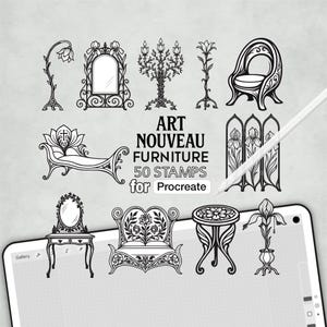 Pode incluir: Uma coleção digital de 50 carimbos de arte linear em preto e branco para Procreate, apresentando móveis e itens de decoração como espelho, cadeira, candelabro, biombo, chaise longue, penteadeira e mesa, com o texto ART NOUVEAU FURNITURE 50 STAMPS for Procreate.