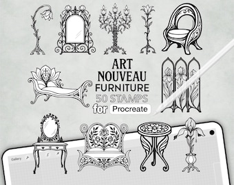 50 timbri per Procreate in stile Art Nouveau: design d'interni vintage (set di pennelli digitali)