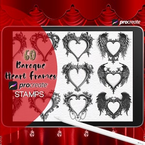May include: A digital tablet screen displaying 60 black and white baroque heart frames for use as Procreate stamps. The text "60 Baroque Heart Frames" and "Procreate Stamps" is displayed on the screen.