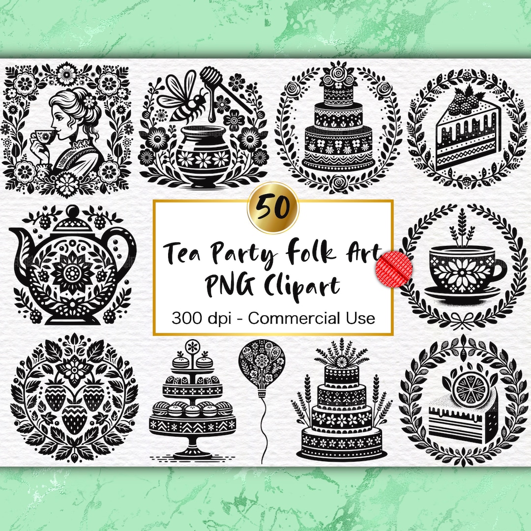 Tea Party Folk Art Clipart PNG Graphics - Scandinavian Folk Art Digital ...