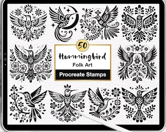 50 Hummingbird Procreate Stamps: Floral Scandinavian Folk Art (Digital Brush Set)