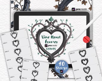 40 Ivy Vine Heart Frame Procreate Stamps: Gothic Baroque Borders (Digital Brush Set)