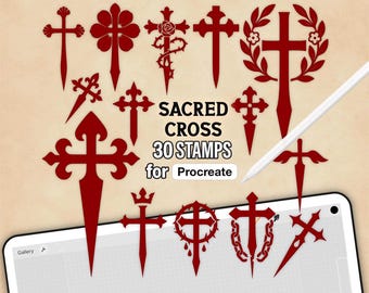 30 timbri digitali con la Sacra Croce per Procreate: floreali, gotici, cristiani (set di pennelli digitali)