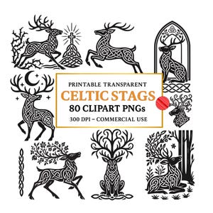 Celtic Stags Clipart PNG Bundle – Black Line Art, Celtic Knot Winter Stag, Medieval Deer Silhouette, Tribal Woodland Animal, Fantasy Stag