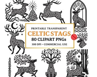 Pacchetto di 80 clipart di cervi celtici: disegni in bianco e nero, cervi tribali in formato PNG (download digitale)