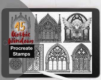 45 timbri per Procreate con vetrate gotiche: architettura di chiese con vetrate colorate (set di pennelli digitali)