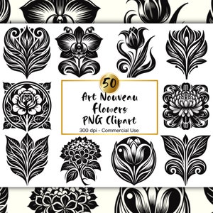 Art Nouveau bloemen PNG-clipart - zwarte elegante bloem silhouet - retro bloemen digitale decoratieve elementen - vintage botanisch motief