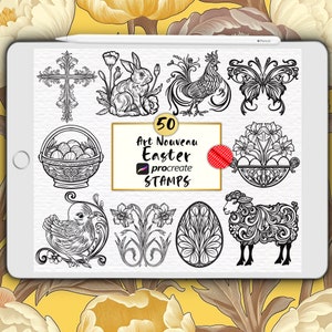Può includere: Un set di 50 timbri pasquali Art Nouveau in bianco e nero per Procreate. I timbri presentano vari disegni a tema pasquale, tra cui una croce, un coniglio, un gallo, una farfalla, un cesto di uova, un uccello, un fiore, un uovo e una pecora.