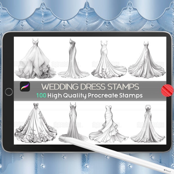 Wedding Dress Procreate Stamps, Ball Gowns Brushes, Evening Dress Stamps, Bridal Dresses, Lace, Prom, Pageant, Princess, Fairytale, Clothing