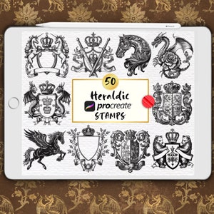 Timbres héraldiques Procreate Emblème médiéval Timbres héraldiques Tatouage de dragon médiéval Animaux mythiques médiévaux Héraldique Procreate Bundle