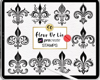 50 Fleur De Lis Procreate Stamps: Ornate Vintage Style (Digital Brush Set)
