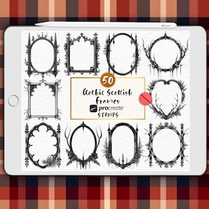 May include: A digital illustration of 50 black and white gothic Scottish frames for use in Procreate. The frames are in various shapes, including circles, squares, and hearts. The text "50 Gothic Scottish Frames Procreate Stamps" is included in the image.