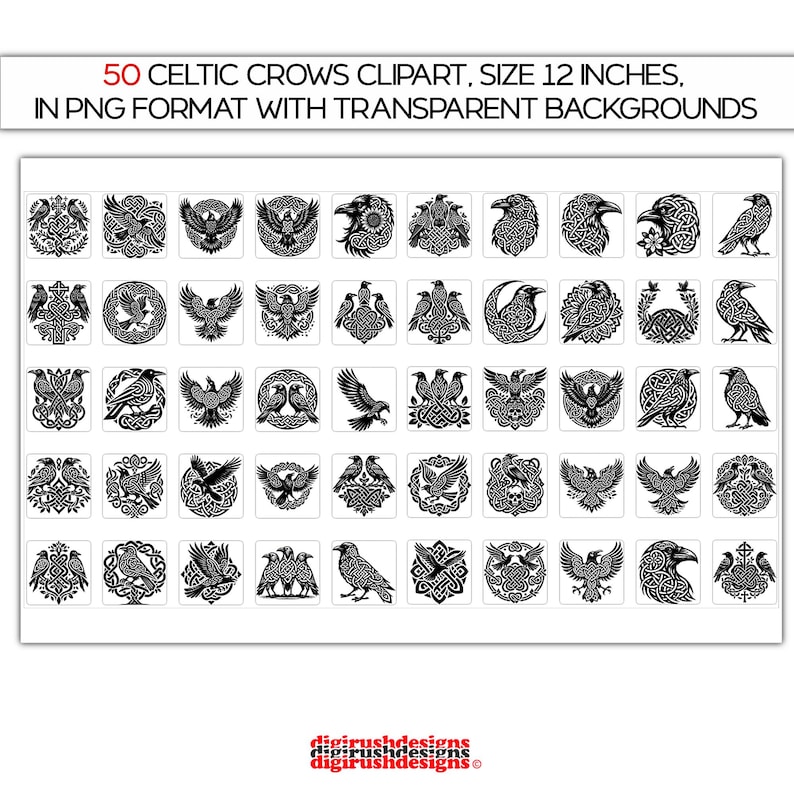 50 Celtic Crow Clipart: Nordic Gothic Raven PNG Designs (Digital Download) image 10