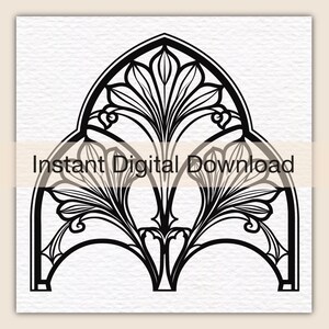 May include: A black and white graphic illustration featuring a symmetrical, arched architectural design with stylized floral motifs and leaf-like patterns. The image includes the text Instant Digital Download centered across the middle of the design.