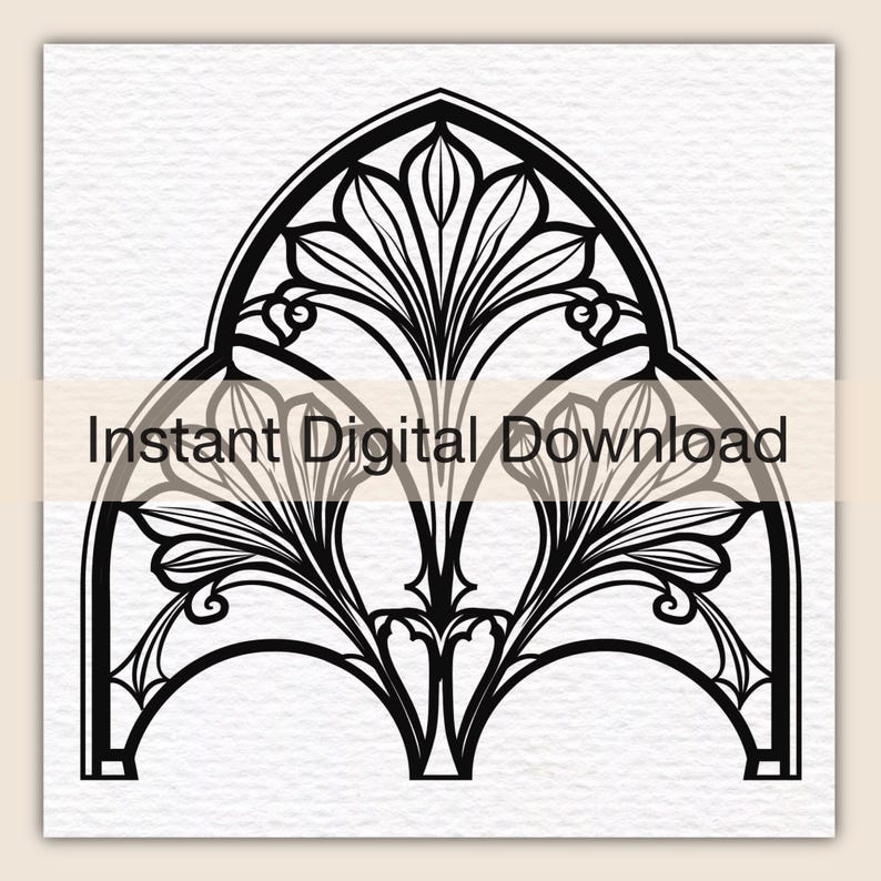 May include: A black and white graphic illustration featuring a symmetrical, arched architectural design with stylized floral motifs and leaf-like patterns. The image includes the text Instant Digital Download centered across the middle of the design.