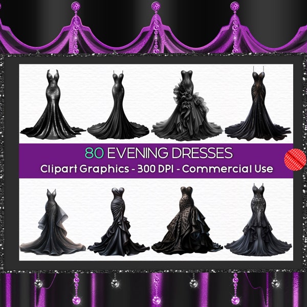 Evening Dress Clipart Princess dresses PNG Black Gown Clip Art Prom dress Pageant Digital Download Fairytale Dress Fashion Printable Party