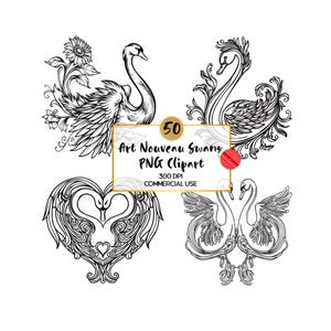 Art nouveau cygnes Clipart PNG en téléchargement numérique, cygnes floraux vintage ligne Art Clip Art superposition, romantique fleuri art déco oiseaux botaniques