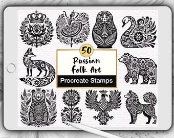 50 Russian Folk Art Procreate Stamps: Slavic Folklore Floral Animals (Digital Brush Set)
