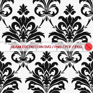 May include: A black and white seamless pattern featuring a damask design. The pattern is intricate and elegant, with a repeating motif of stylized flowers and leaves.