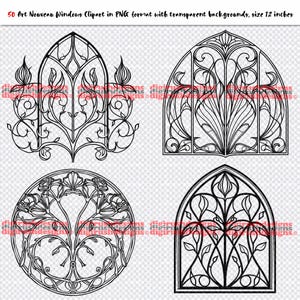 Art Nouveau Windows Clipart PNG Digital Download Gothic Window Clip Art PNG File Ornate Church Window Floral Line Art