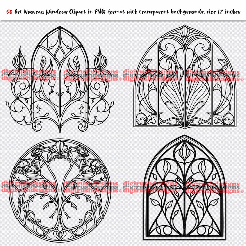 Art Nouveau Windows Clipart PNG Digital Download Gothic Window Clip Art PNG File Ornate Church Window Floral Line Art