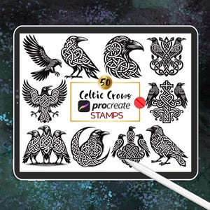 May include: A digital tablet screen displaying 50 black and white Celtic crow illustrations in a Procreate stamp format. The text "Celtic Crows" and "Procreate Stamps" is displayed on the screen.