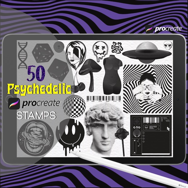 Psychedelic Procreate Stamps Trippy Cyberpunk Brush Futuristic Vapor Wave Surrealism Hypnotic Pattern Alien Tattoo Acid Trip Counterculture