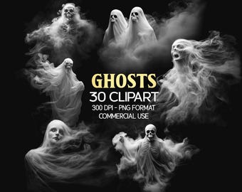 30 Sovrapposizioni di clipart di fantasmi spettrali: Pacchetto PNG horror di Halloween (Download digitale)