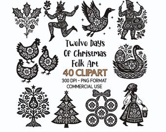 Immagini clipart di arte popolare dei Dodici Giorni di Natale: 40 elementi PNG invernali nordici (download digitale)