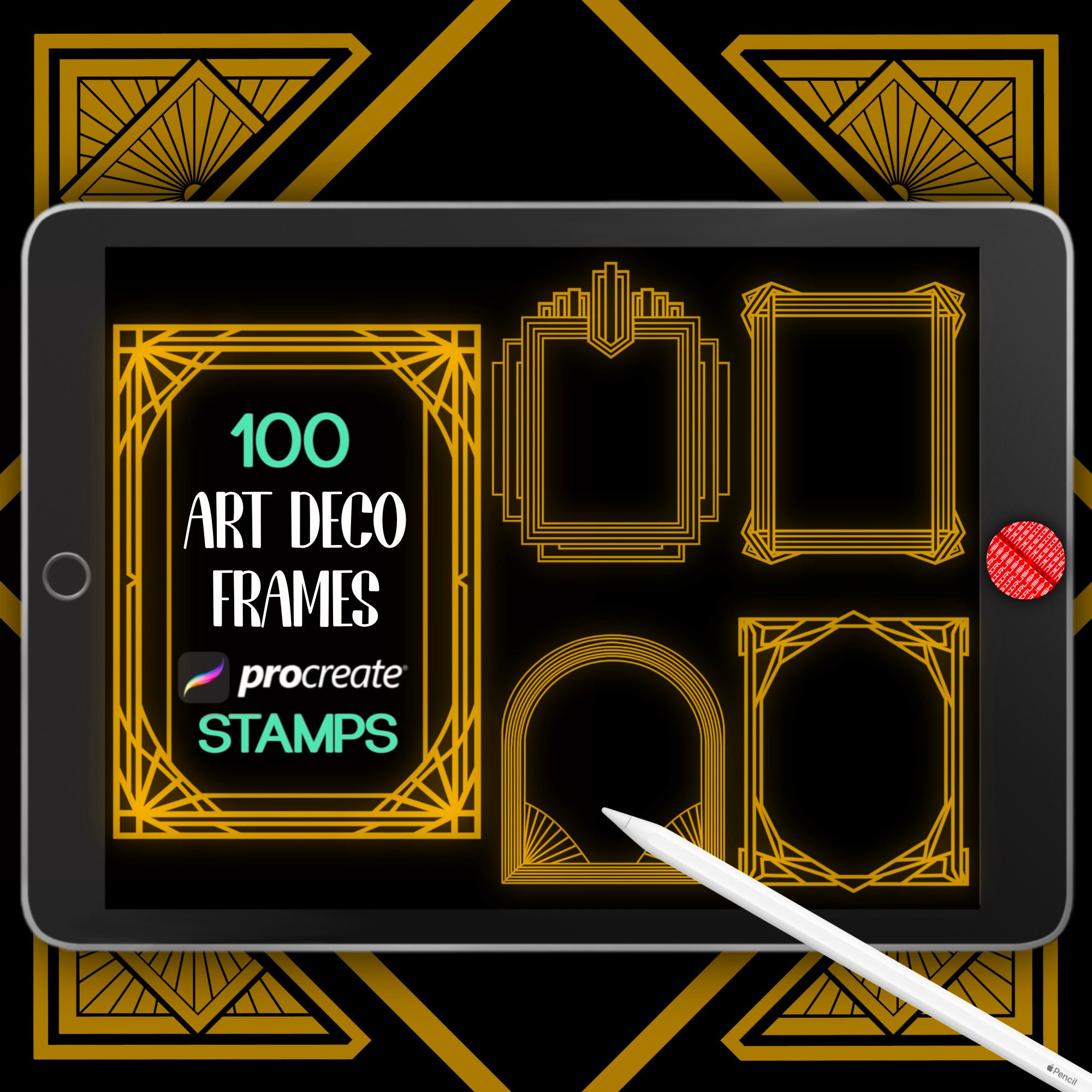 Sellos de marcos Art Déco y pinceles de patrones para Procreate – 100 bordes geométricos vintage para iPad