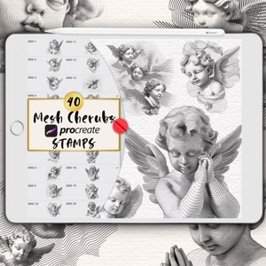 May include: A tablet screen displaying digital art, showcasing 40 mesh cherub stamps for Procreate. The image presents detailed line art illustrations of cherubs with wings, in various poses. The text "Mesh Cherubs Procreate Stamps" is visible.