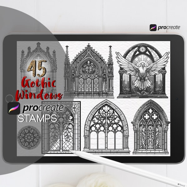 Procreate Gothic Windows Stamps Neo Gothic Buildings Brushes Floral Stained Glass Windows Cathedral Arched Windows Church Architecture Stamp